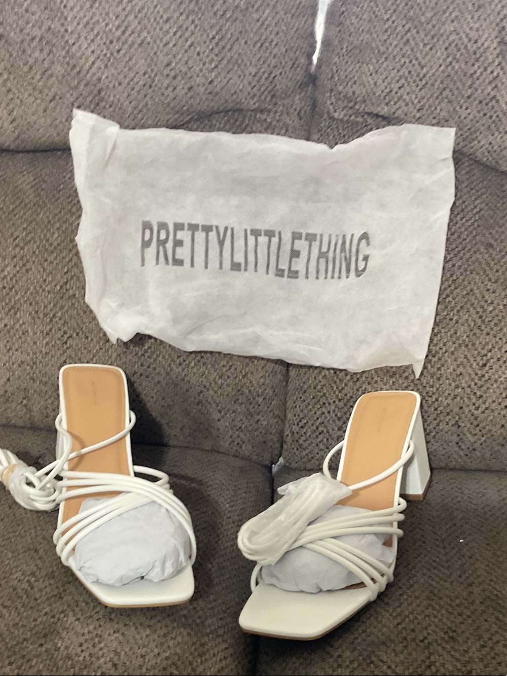 PRETTYLITTLETHING White Strappy Square Toe Block Heel Mules